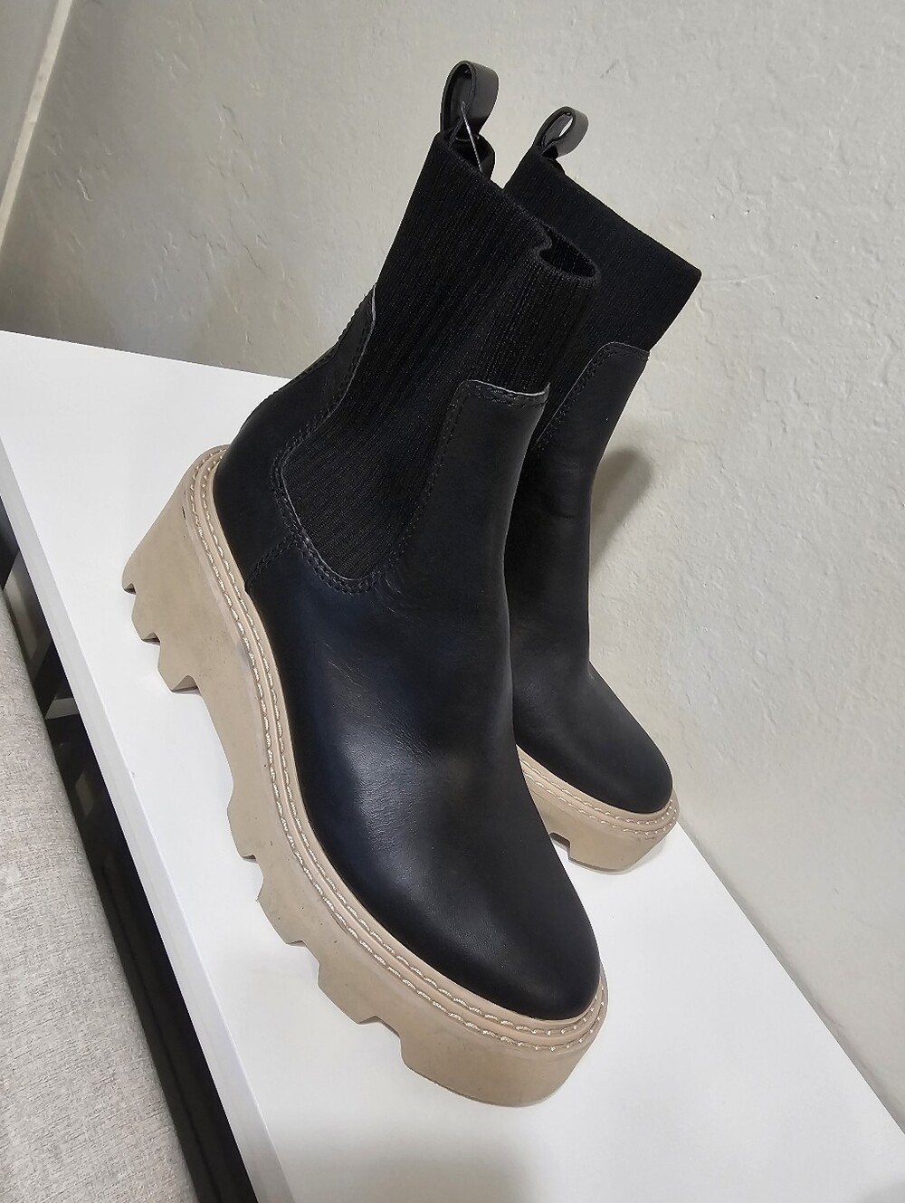 Dolce Vita Black Sock Chelsea Boots with Tan Lug Platform